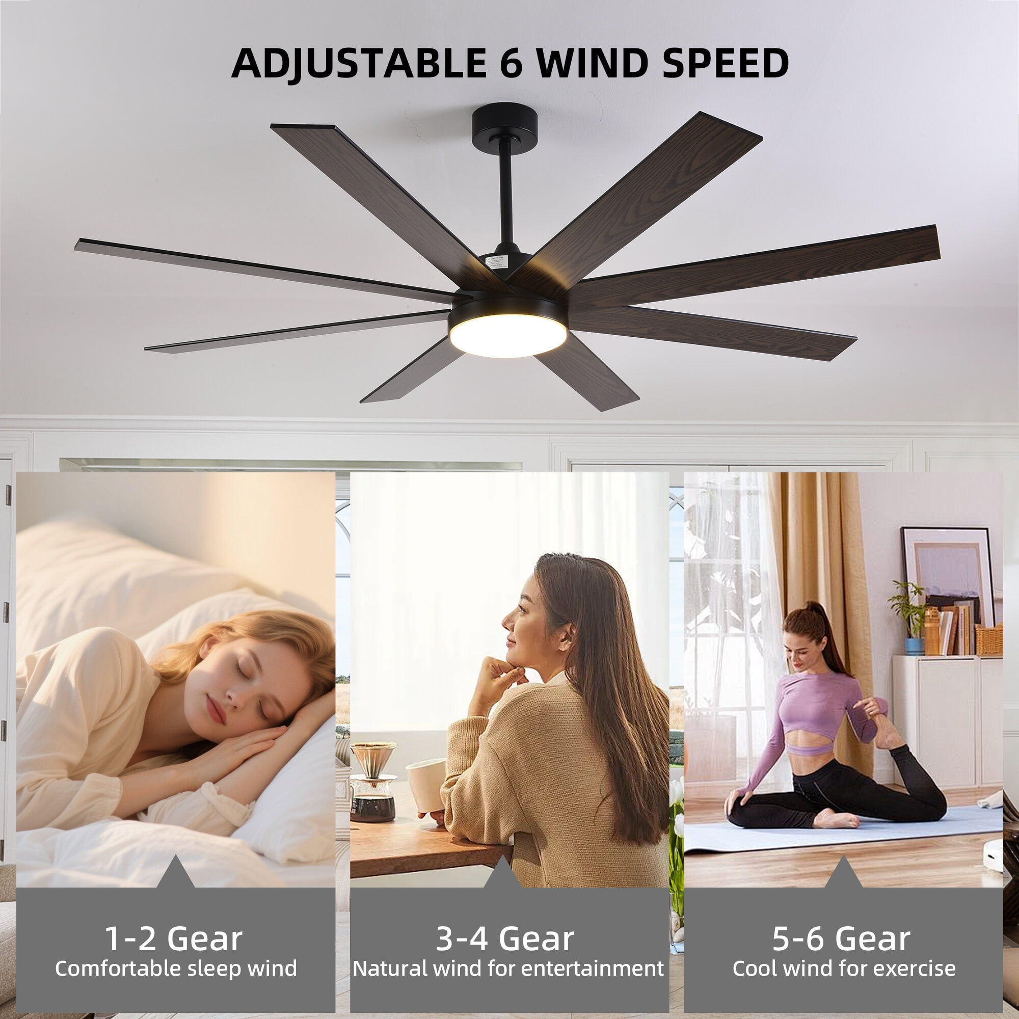 Electric Fans 72" Ceiling Fan with Light, 6-Speed Remote Control, Reversible DC Motor, Modern 8 Blades with 6"/12"/19.5" Downrods for Home or Commercial Black/Walnut,Ceiling Fans