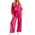thumbnail image 2 of BRELIL Women's Two Piece Outfits Sets Collared Long Sleeve Shirt Wide Leg Pants Casual Lounge Matching Set Solid Boho Vacation Travel Tracksuit, Hot Pink L, 2 of 6