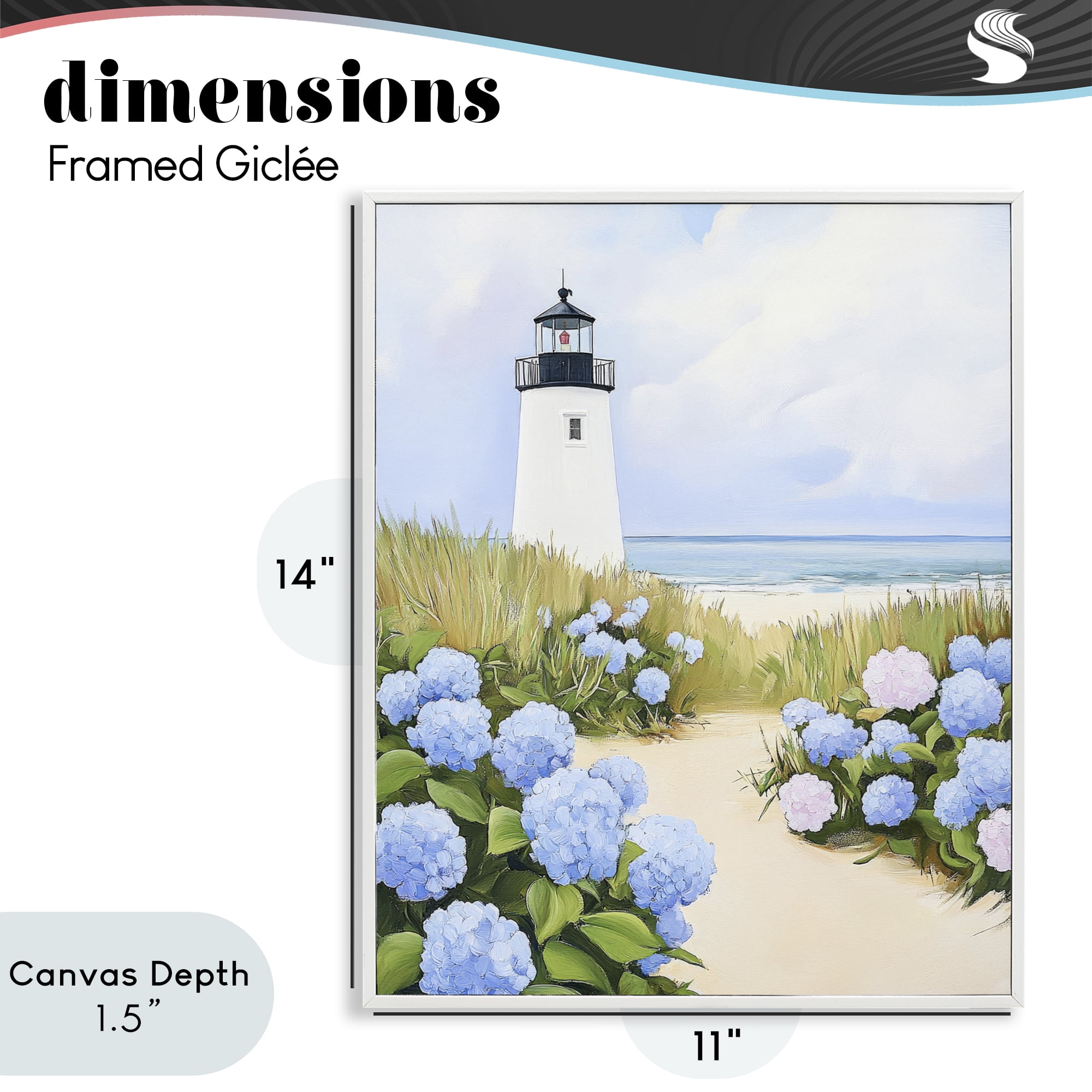 Stupell Industries Hydrangea Path Leading to Lighthouse White Framed Giclee Art, design by Sisi and Seb