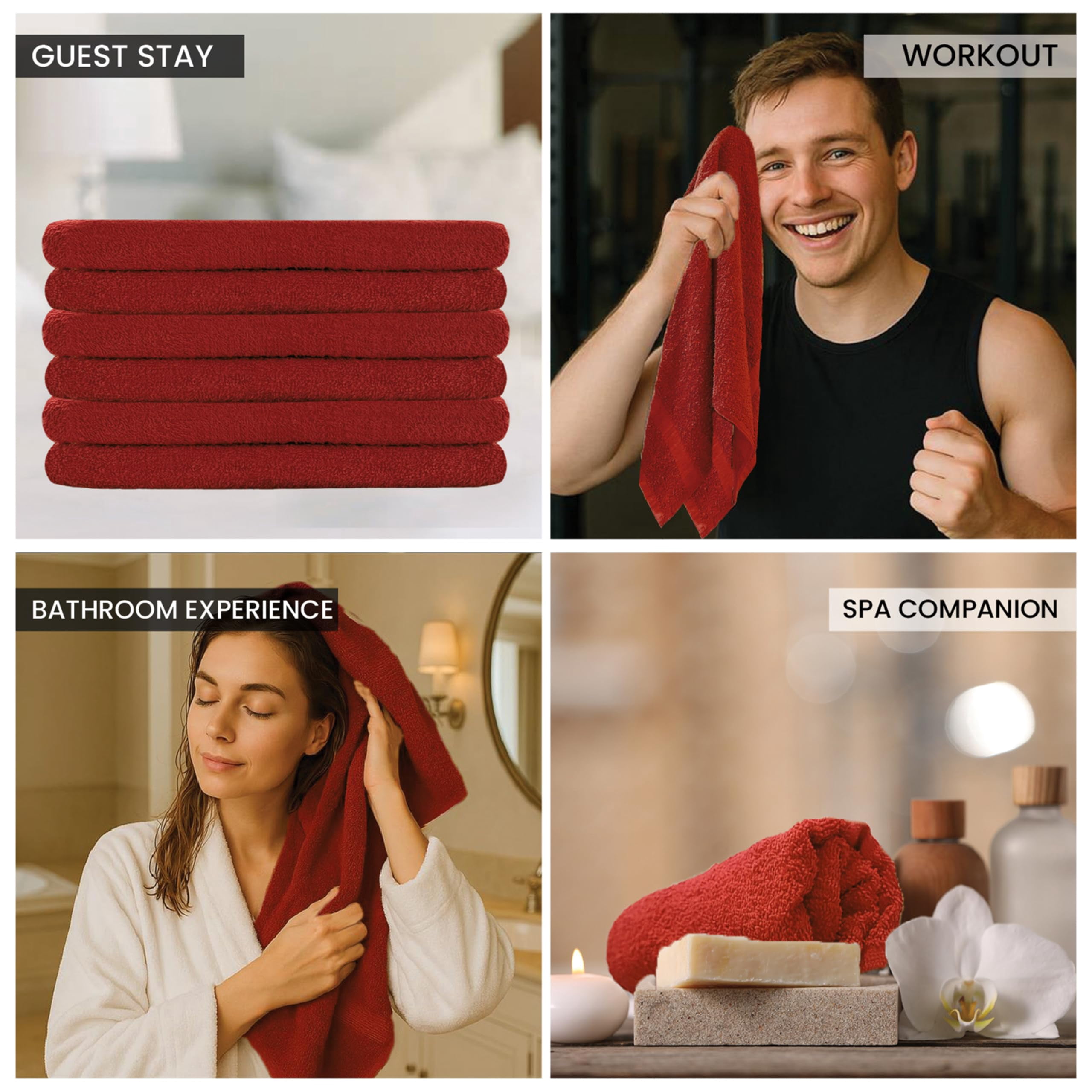 SupremePlus Premium Absorbent 16" x 27" 100% Ring Spun Cotton Hand Towels, Red 6 Count