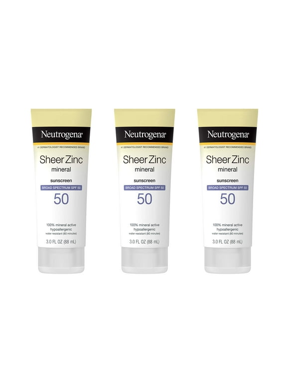 Neutrogena Sheer Zinc Oxide Dry-Touch Mineral Sunscreen Lotion, Broad Spectrum Spf 50 Uva/Uvb Protection, Water-Resistant, Hypoallergenic And Non-Greasy, Paraben-Free, 3 Fl. Oz, Pack Of 3