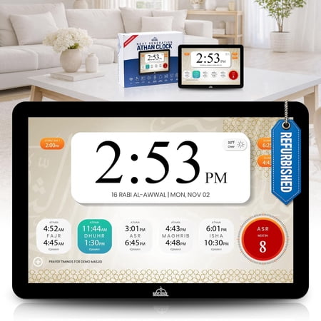 Masjidal 14 Smart WiFi Digital Azan Clock – Automatic Worldwide Prayer & Iqamah Times, Full Quran Player, Athan Alarm, Ramadan Clock, Touchscreen Muslim Home Display, Low Volume w/BT Speaker