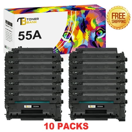 Toner Bank 10-Pack Compatible Toner for HP 55A CE255A 500 MFP M525dn  500 MFP M525f  flow MFP M525c  M521dn MFP  MFP M521dw  P3015d  P3015dn  P3015n  P3015x 10 * Black Toner Bank is a reseller of printer consumable products with its warehouses in East and West Coast since 2015. We carry wide range of compatible toner cartridges for most major printer brands. Product Specification: Brand: Toner Bank Compatible Toner Cartridge Replacement for: HP CE255A/GPR-40 55A Compatible Toner Cartridge Replacement for Printer: HP LaserJet P3011  LaserJet Enterprise P3015d/P3015Dn/P3015x/P3016  LaserJet Enterprise 500 MFP M525f/M525dn  LaserJet Enterprise flow MFP M525c  LaserJet Pro 500 MFP M521dn/M521dw; Canon i-SENSYS LBP6750dn/LBP6780x Pack of Items: 10-Pack Ink Color: 10 * Black Page Yield (based upon a 5% coverage of A4 paper): 10*6000 Pages Cartridge Approx.Weight : 24.25 Pounds Cartridge Dimensions (Per Pack): 13.39 x 9.45 x 9.84 Inches Package Including: 10-Pack Toner Cartridge