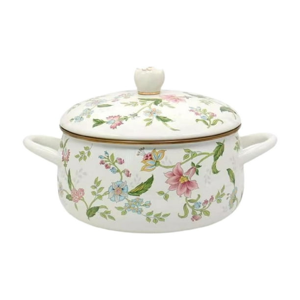 Olla de cocina esmaltada, olla de cocina de doble asa, multiusos, resistente al calor con tapa flor