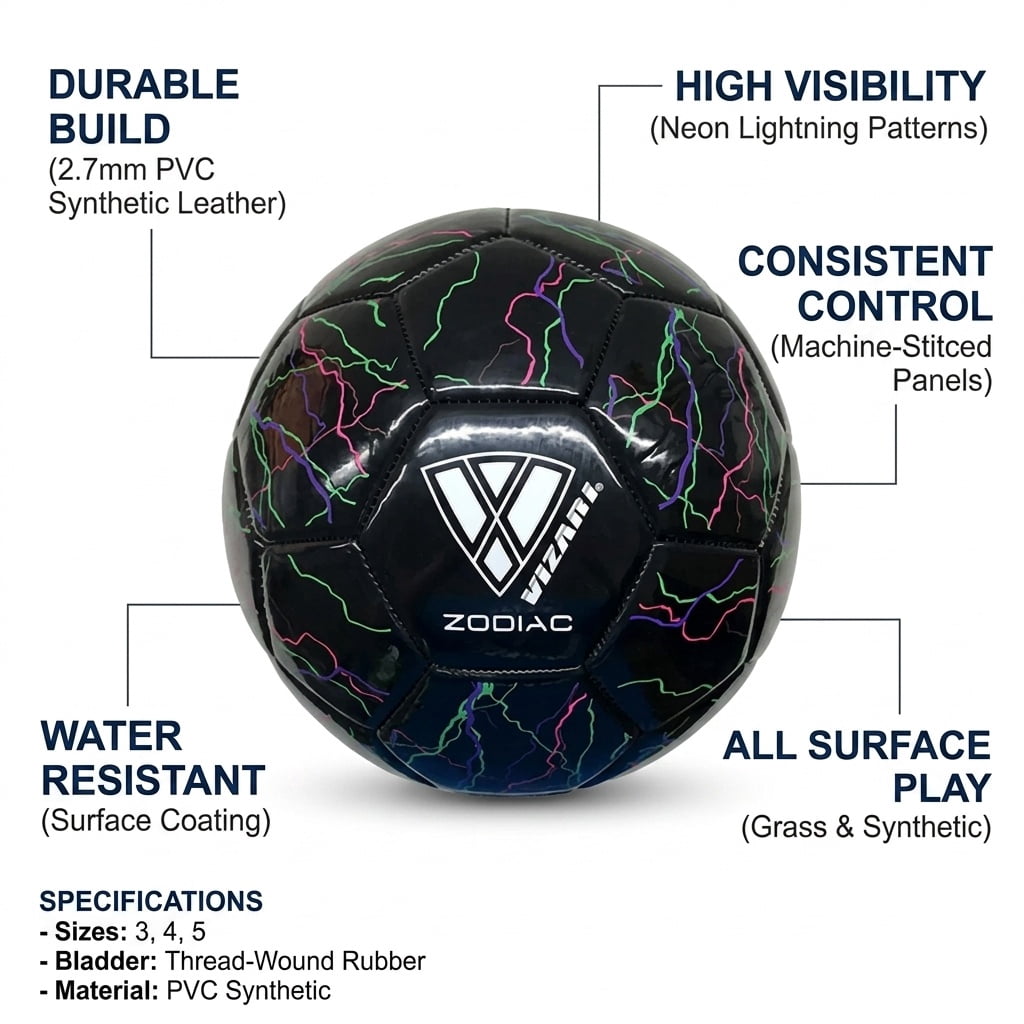Vizari Zodiac Soccer Ball | Sizes 3, 4, 5 | Durable Waterproof Synthetic Leather | For Youth & Adults - BLACK, 3