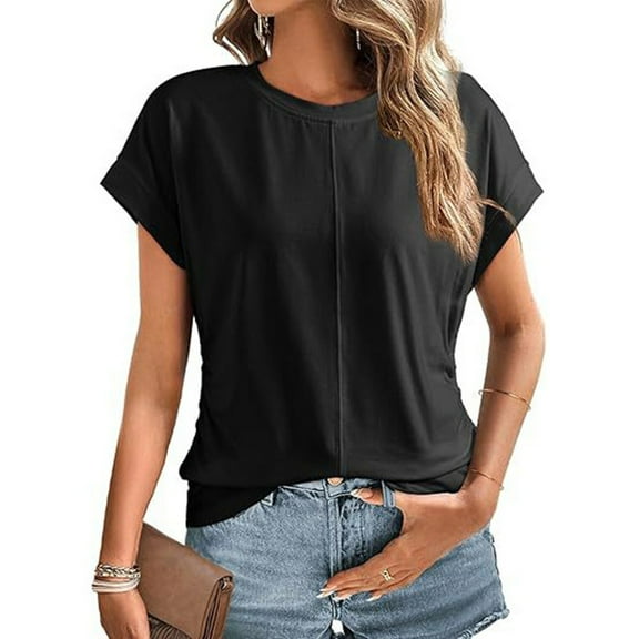 TYGHBN Women Spring Summer Fashion Solid Color Tops 2025 Round Neck Cap Sleeve Side Pleats Summer Women Tops Plain Loose T Shirts for Women New Day Womens Shirt Womens Short Sleeve T Shirts Ling
