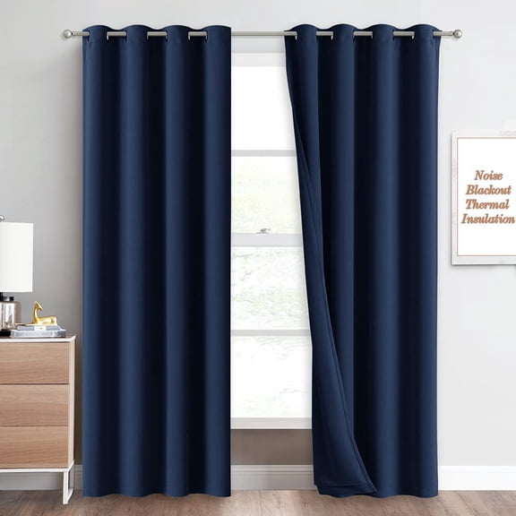NICETOWN Sound Blocking Black Out Curtains for Patio Door, Heavy-duty Space Divider Curtains for Living Room, Lined Insert Noise, Blackout, Thermal Insulation Curtains for Closet (Navy, 84-inch Long)