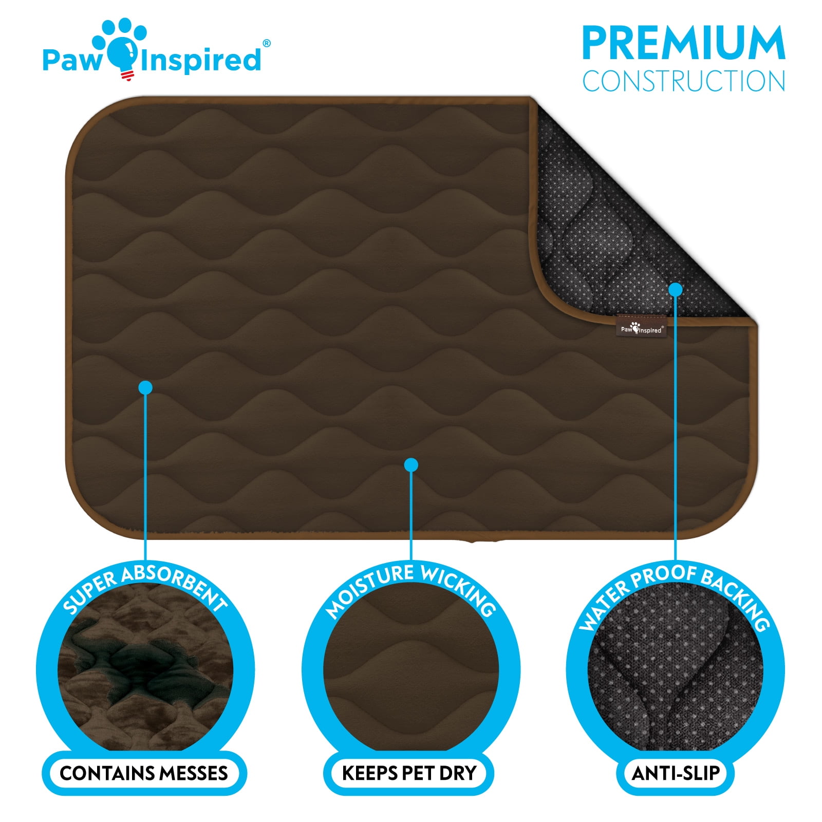 Paw Inspired Washable 36" Dog Crate Mat, Size 35x22 Inch, Waterproof Dog Crate Kennel Bed Anti-Slip Bottom Leakproof Pads (Dark Brown)