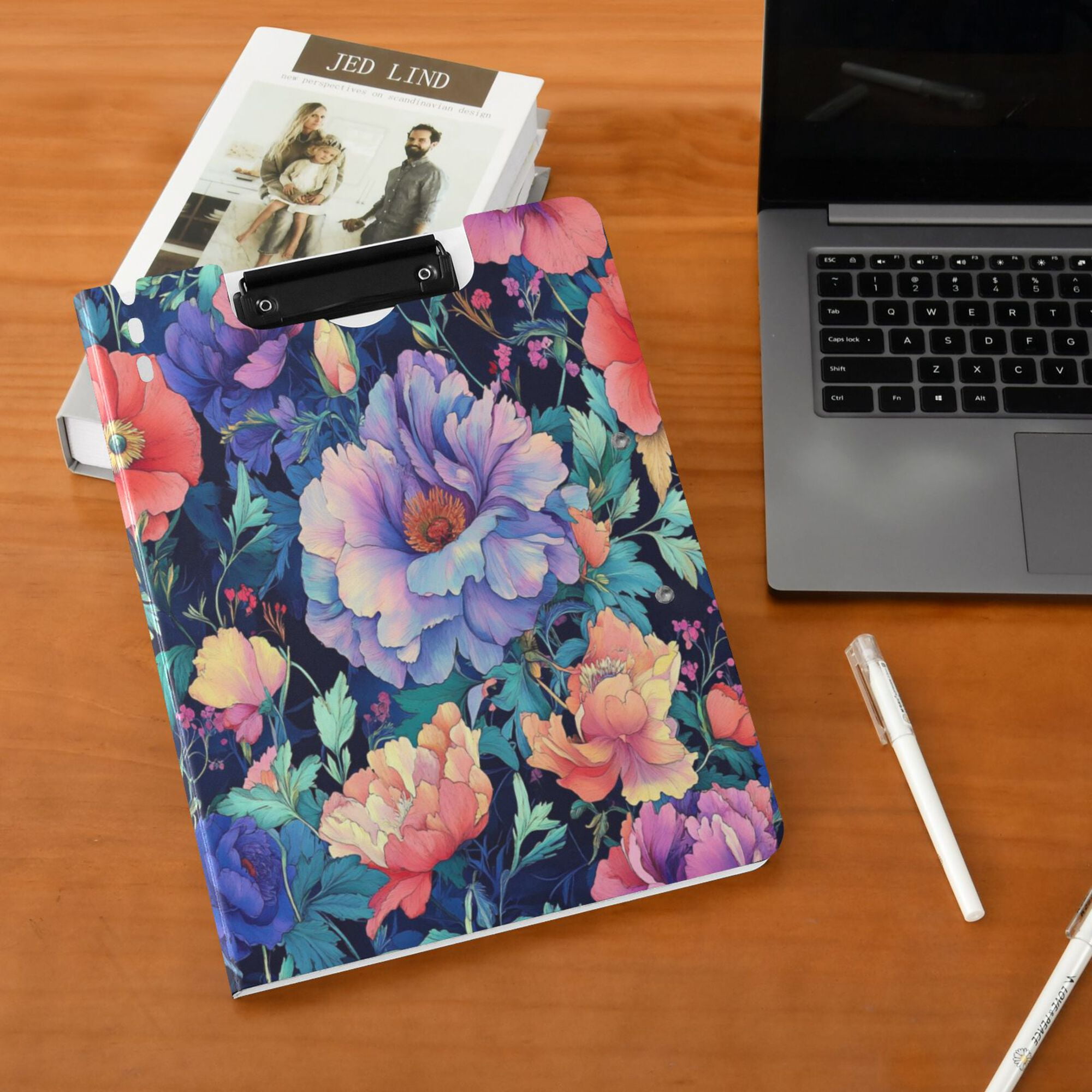 FORMRS A4 Clipboard Folder with Pen Holder Horizontal Foldable School Office Binder, Puprle Ethereal Floral Harmony