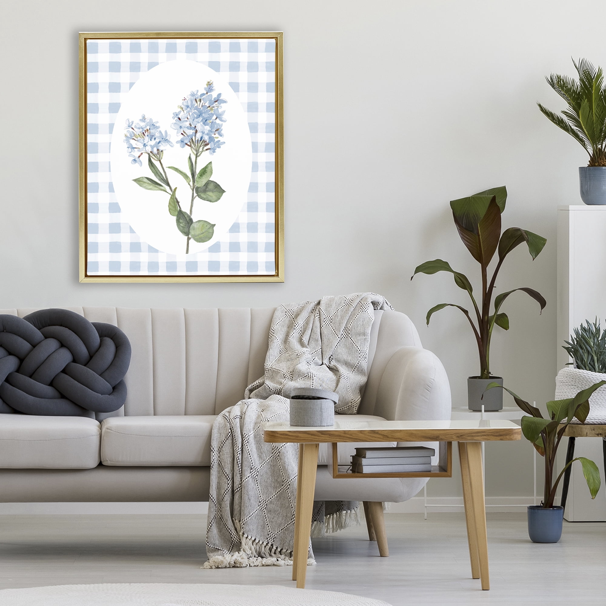 Stupell Industries Blue Checkered Blooms Gold Framed Floater Canvas Wall Art, design by Lanie Loreth