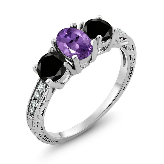 Gem Stone King 1.97 Ct Oval Purple Amethyst Black Diamond 925 Sterling Silver Moissanite Ring (Size 6)