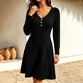 thumbnail image 3 of Tqcoqu Dresses for Women Long Sleeve Button V Neck Lightweight Ribbed Knit Casual Babydoll A Line Swing Flared Fall Dresses, 3 of 8