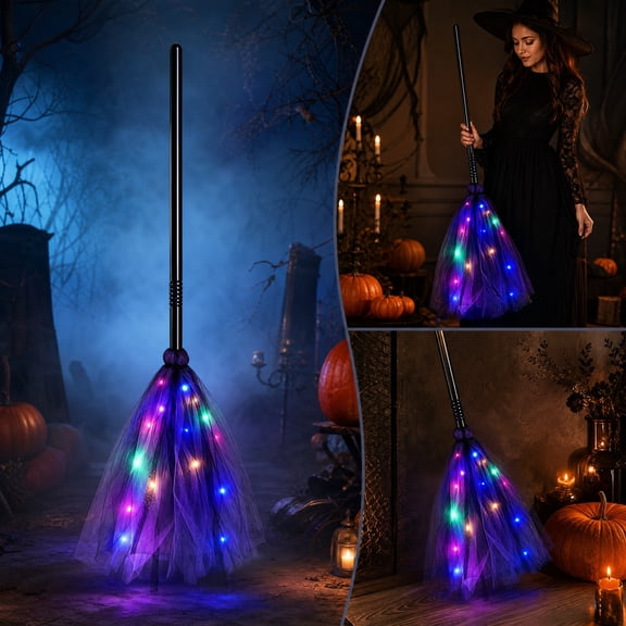 Witches Broom Halloween Decor Magic Witch Broomstick, LED Light Up Witch Brooms With Colorful Lights Halloween Decorations for Indoor & Outdoor Porch, Halloween Party Decorations