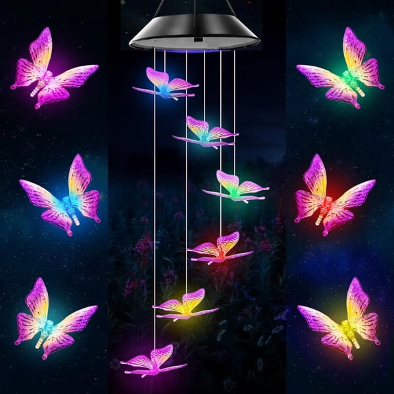 Solar Butterfly Wind Chimes, Color Changing Solar Wind Chimes for Outside, LED Waterproof Solar Powered Hanging Lights Outdoor Valentine Decorations, Gifts for Women Mom Grandma