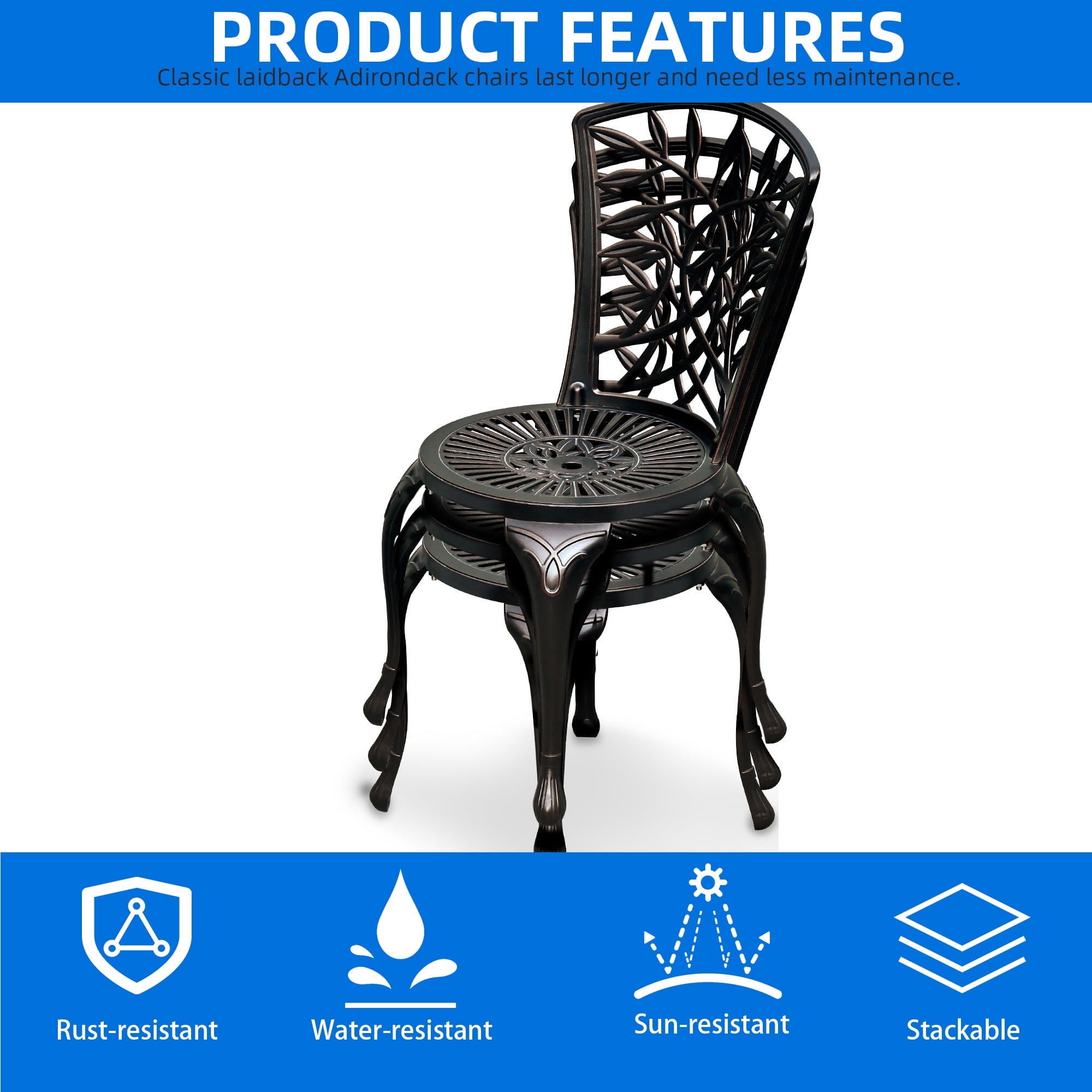 Dextrus Set of 2 Outdoor Cast Aluminum Dining Chairs, Patio Bistro Chairs with Adjustable Feet for Garden, Backyard, Balcony, Black