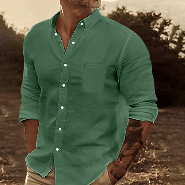 pstuiky camisas de manga larga para hombre, Camisa de negocios informal de manga larga con botones y cuello vuelto de color entero para hombre Tops casuales para hombres xl