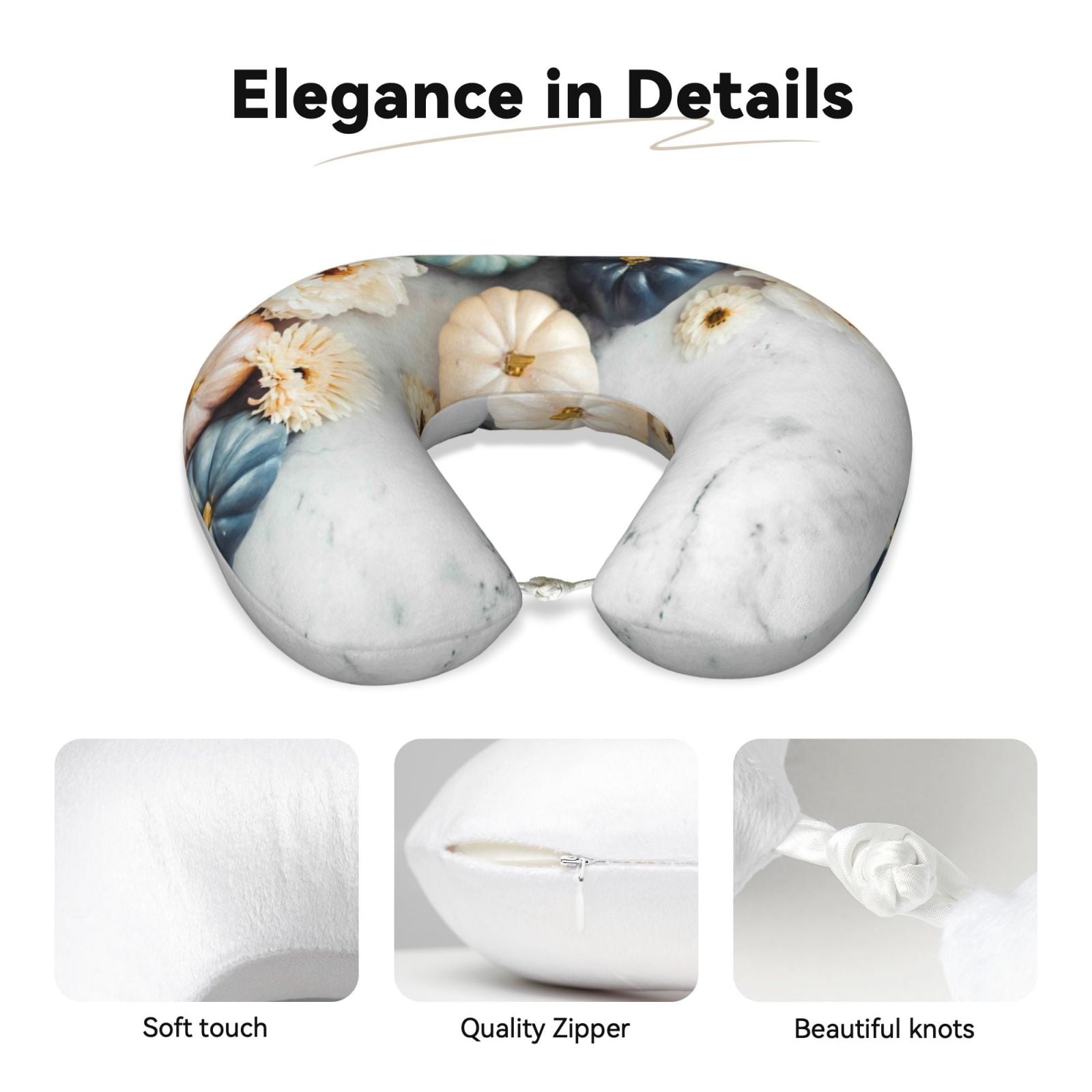 Xecao Pumpkin And White Marble Print Memory Foam Cervical Neck Pillow Versatile U-Shaped Pillows for Home,Office,Camping,Travelling,Soft Washable Cover