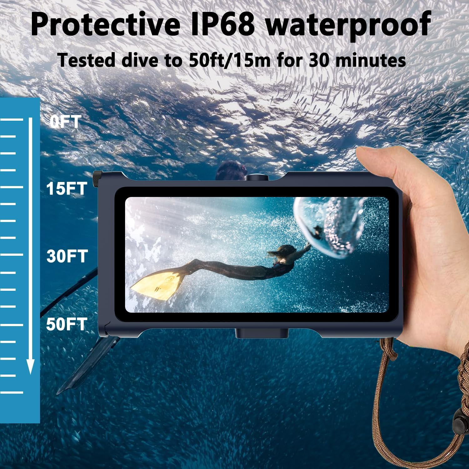 New Updated Extreme Waterproof Underwater Diving, Snorkel Phone Case with Bluetooth Remote Control for All iPhone (Max, Plus, S), Samsung, LG, Google, Android Up to 50Ft, 15M with Lanyard Blue&