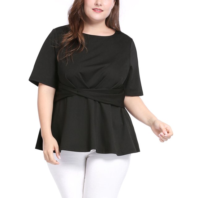 Mujer TalExtMangas Cortas Frente Nudo retorcido Peplo Top Negro 4X