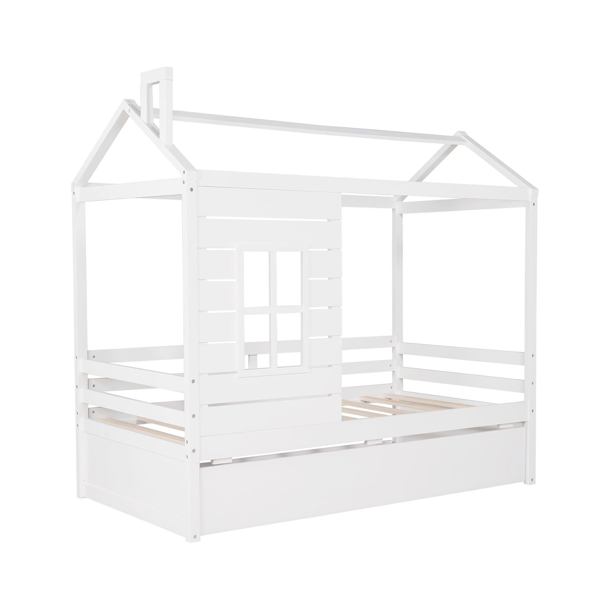 Harper & Bright Designs Twin House Bed with Trundle and Tent, House Twin Bed Frame with Roof and Windows, White