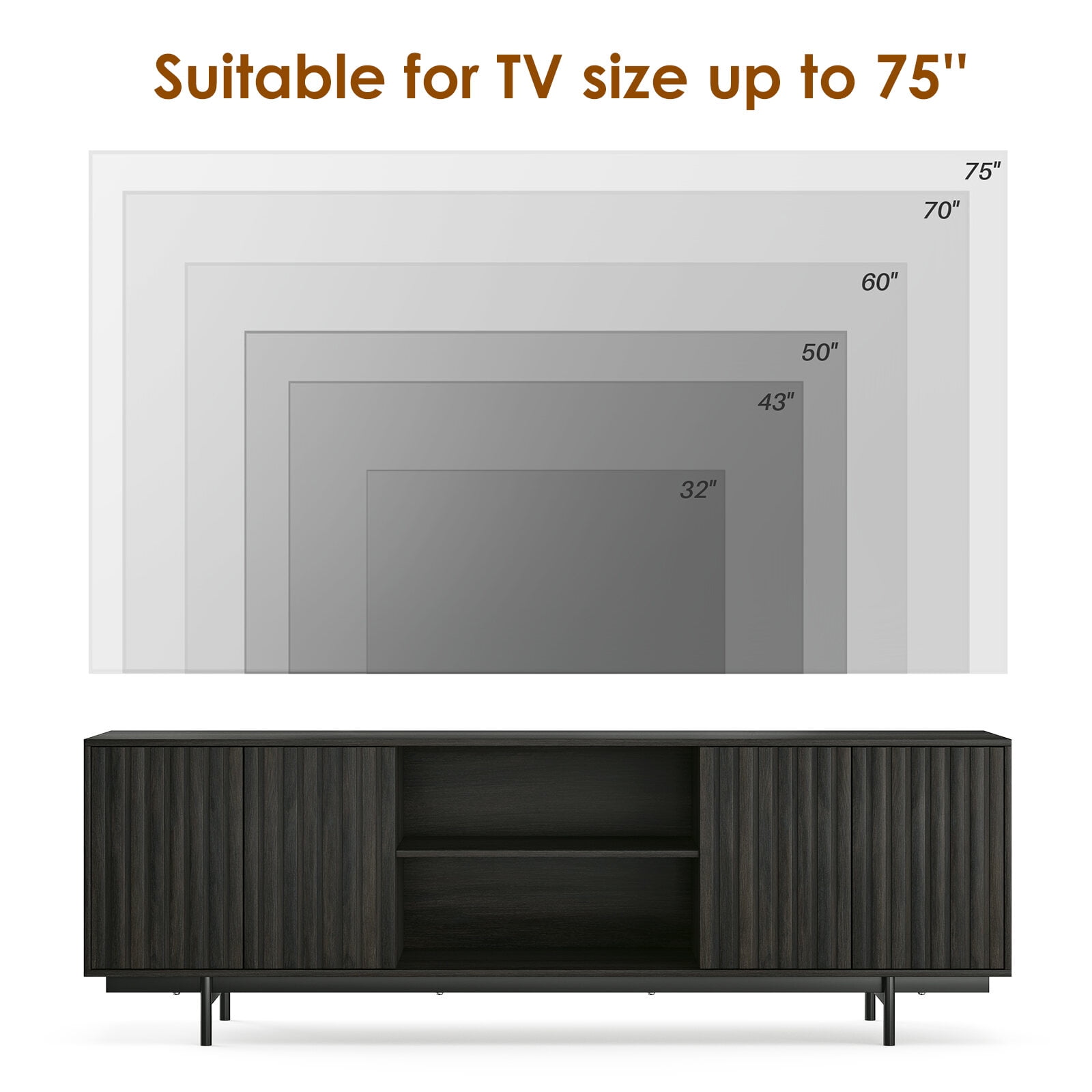 TV Stands With Storage Mid Century Modern TV Stand for TVs Up to 75", Farmhouse Fluted TV Stand, Retro Wood TV Stand with Storage and Shelf, Entertainment Center with Pop-Up Doors for Living Room, B