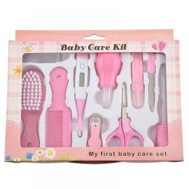 10Pcs/Set Baby Health Care Kit Portable Newborn Infant Nursery Set Kids  Grooming Kit Baby Nail Clipper Brush Comb Cleaning Sets (Pink)