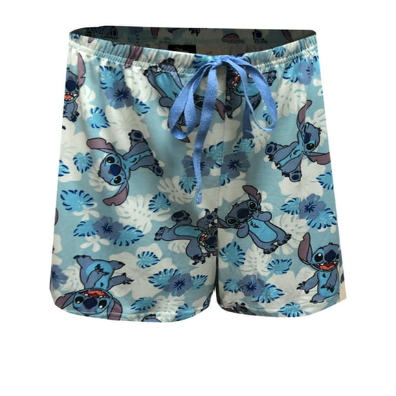 MJC Womens Disney's Lilo and Stitch Tropical Flowers Blue Ladies Sleep Shorts (Large)