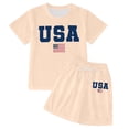 thumbnail image 4 of Toddler Girl Outfits Kids Stars and Stripes Print USA 250th Anniversary Crew Neck Short Sleeve Top and Above Knee Shorts Two Piece Set Beige 2 Years-3 Years, 4 of 4