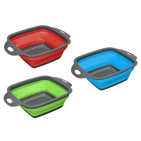 Unique Bargains Collapsible Colander Set, 3 Pcs Silicone Square Strainer for Pasta, Vegetables, Fruits - Blue Green Red Small