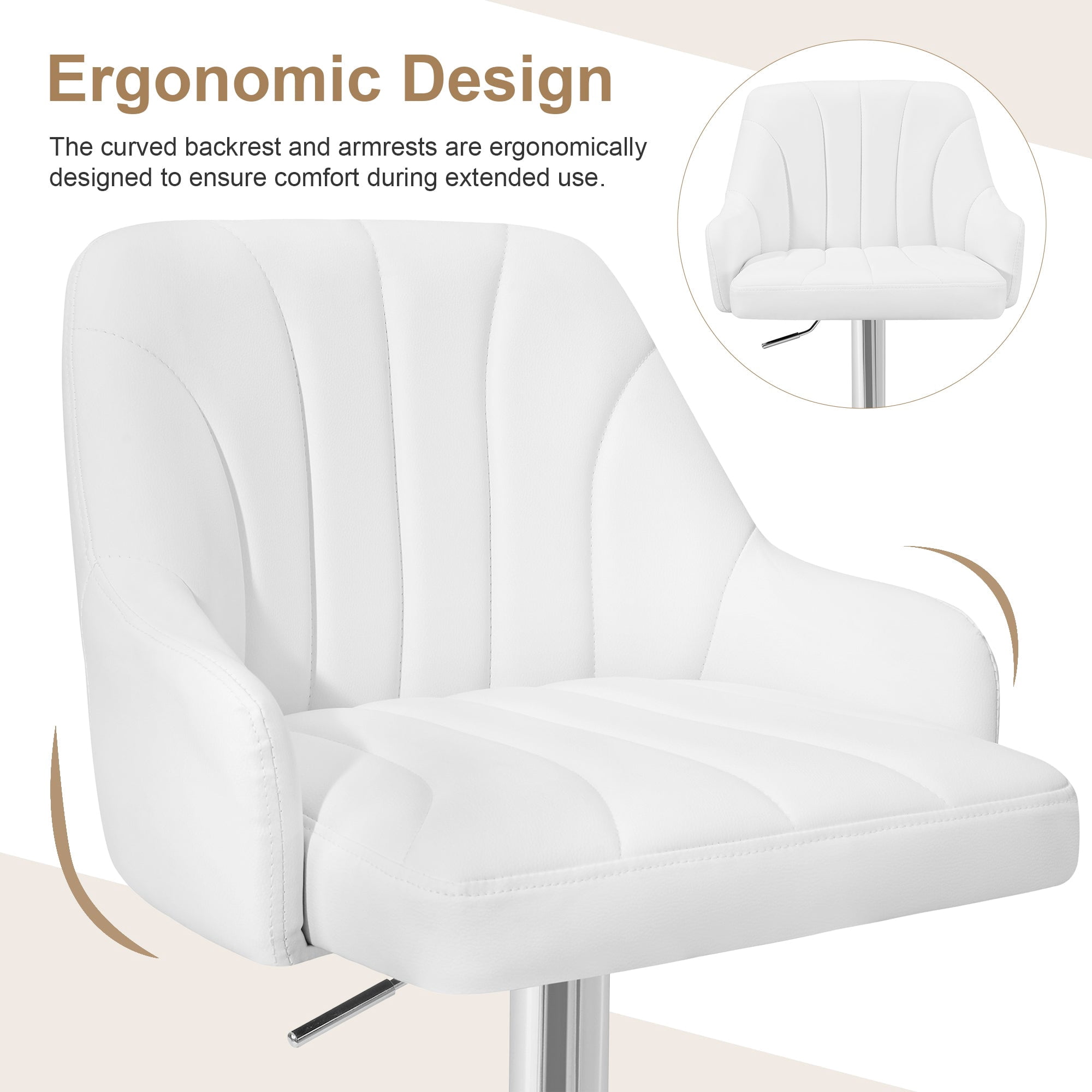 VECELO Set of 2 Swivel Bar Stools, Adjustable Counter Height Barstools Faux Leather Chair with Backrest and Armrest, White