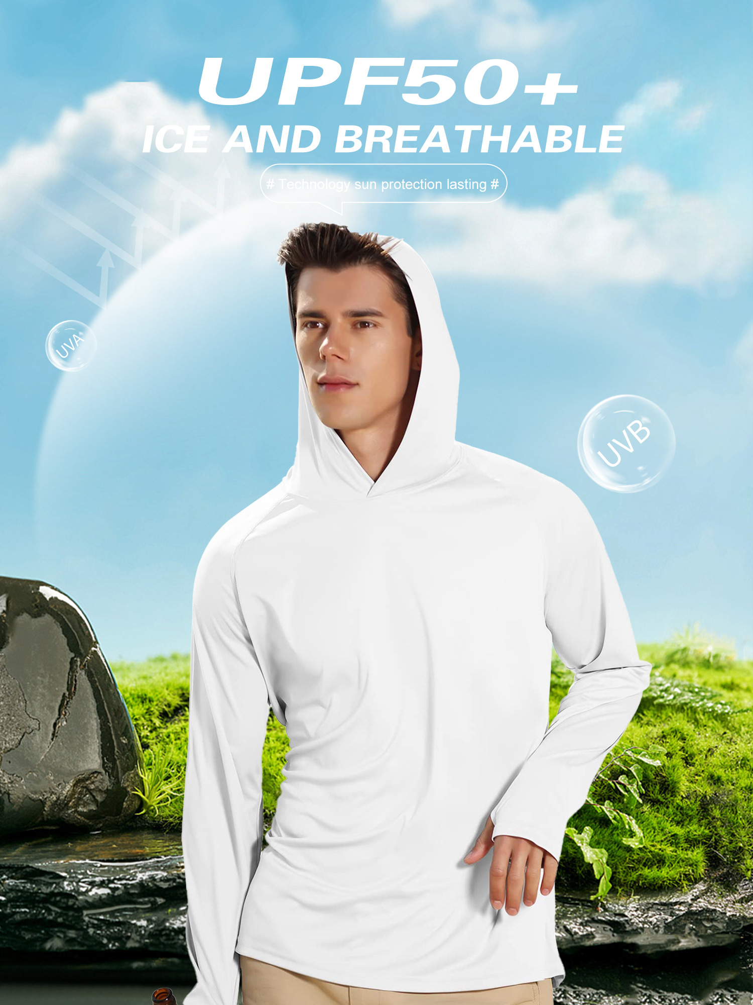 Camisas de protección solar UPF 50+ con capucha para hombre, manga larga, para pesca, running y protección contra erupciones 3