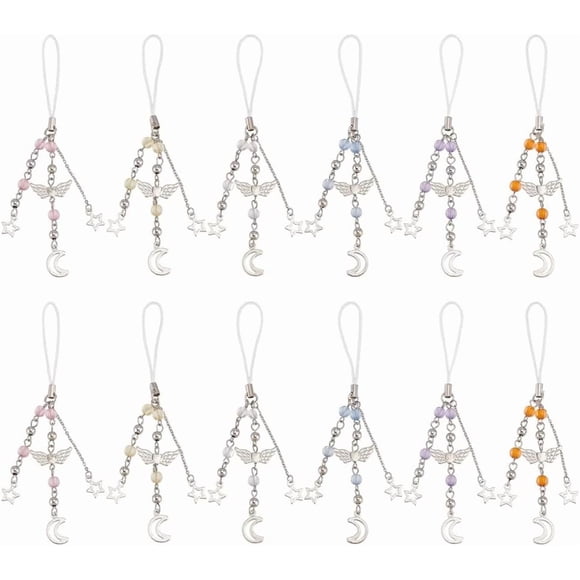 12 Pcs Cell Phone Strap Charms 6 Colors Acrylic Star Moon Pendant Charm Keychain Phone Straps Phone Case Charms String Acrylic Bead Mobile Straps for Car Key Purse Bags Decoration