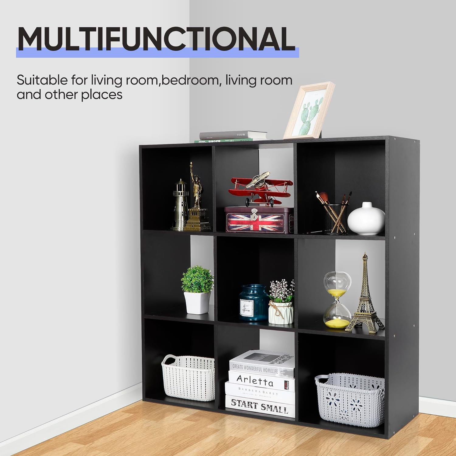 9 Cube Storage Shelf Organizer, Wooden Bookshelf System Display Cube Shelves Compartments, Customizable W/ 5 Removable Back Panels (Black)