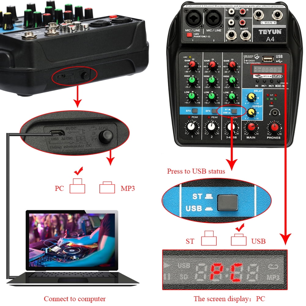 Aibecy BT Sound Mixing Console TU04 USB 48V Phantom 4 Channels Audio Mixer with AUX Paths Effects Record