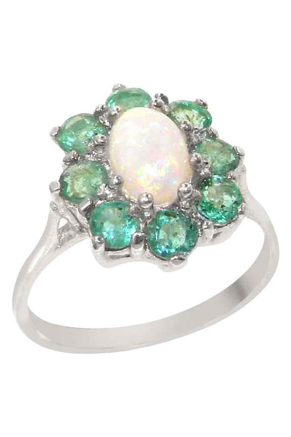 LBG British Made 14k White Gold Natural Opal & Emerald Womens Cluster Ring - 33 size options - Size 5.25