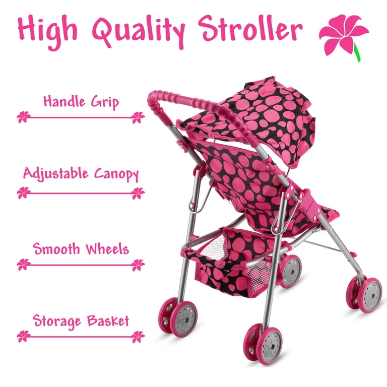 HUSHLILY Foldable Baby Doll Stroller, Pink/Black Polka photo 4