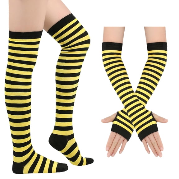 Dweltoz Women's Striped Over Knee High Socks Rainbow Thigh High Socks with Arm Warmer Fingerless Gloves Goth Y2K Style Set