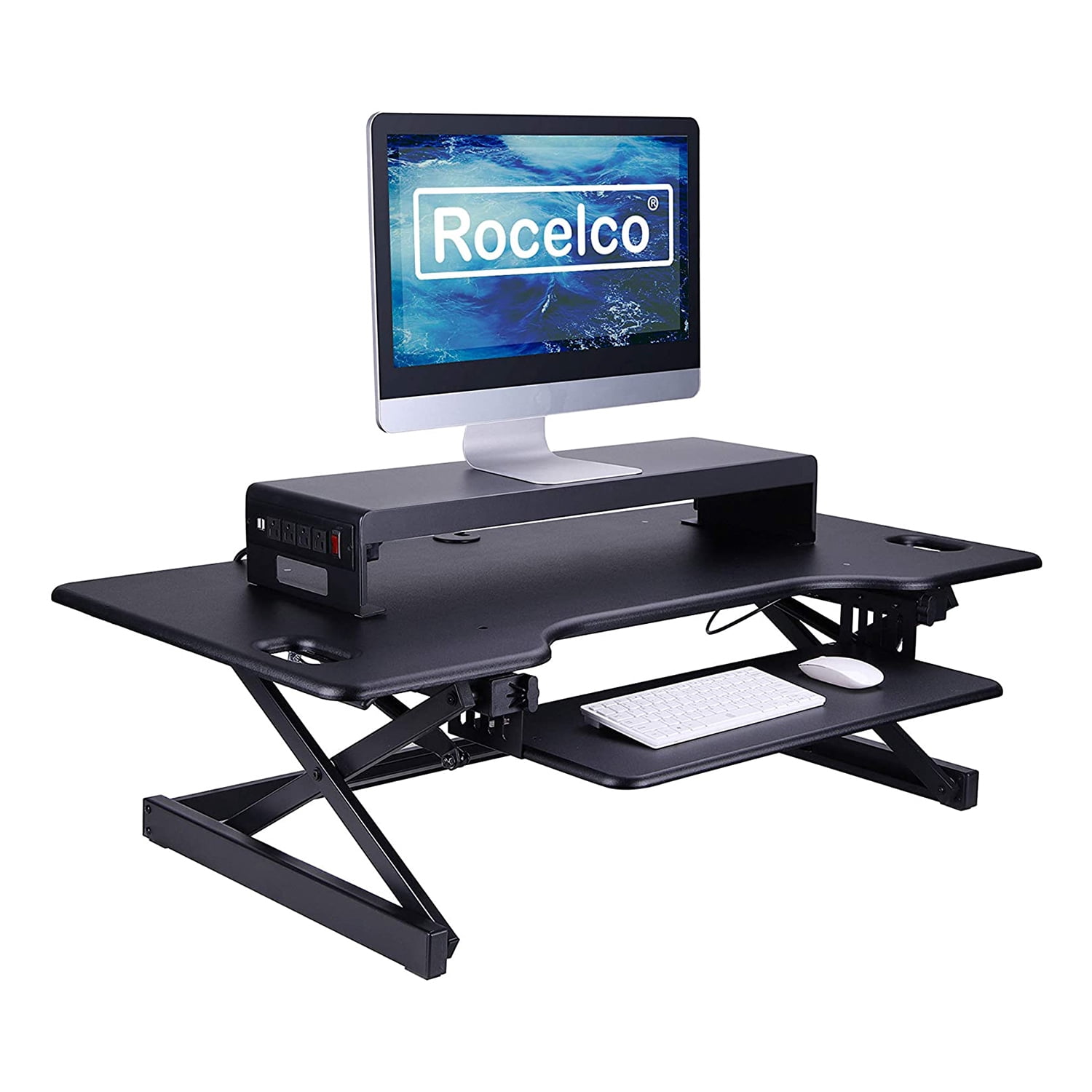 Rocelco 30" Premium Dual Monitor Stand with AC Power Supply & USB 2.0 Charging | Metal Laptop TV PC Riser Shelf with Keyboard Mouse Storage and Cable Management | Black (R DMS)