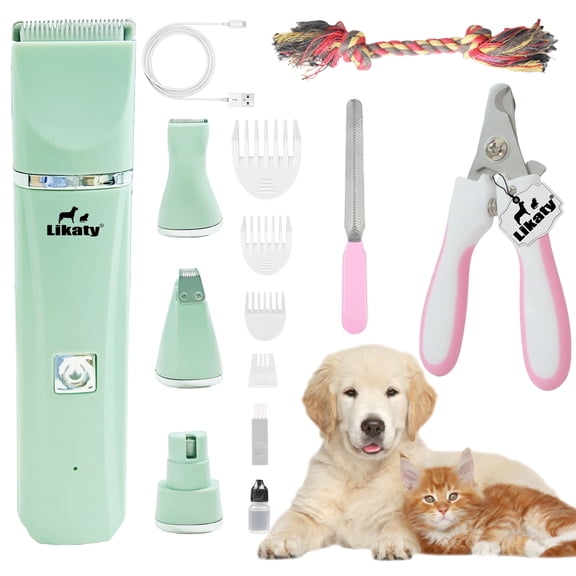 Dogs Hair Clippers Grooming Kit with Nail Grinder, Likaty 4 in 1 Cordless Electric Trimmer Low Noise USB Rechargeable Pet Clippers for Small and Large Dogs Cats Animals