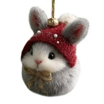 Cozy Woodland Animal Christmas Ornaments, 1 Pc Handmade Plush Forest Animal Ornament Set with Red Knit Hats and Golden Bows, Rustic Christmas Tree Decorations for Animal Lovers, 3.2",Rabbit