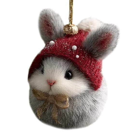 Cozy Woodland Animal Christmas Ornaments, 1 Pc Handmade Plush Forest Animal Ornament Set with Red Knit Hats and Golden Bows, Rustic Christmas Tree Decorations for Animal Lovers, 3.2",Rabbit