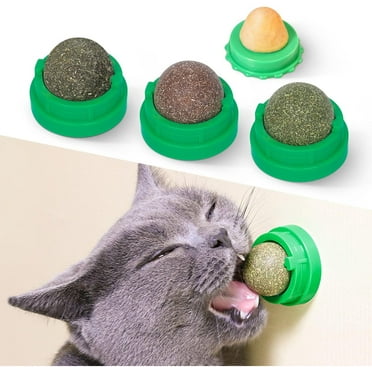 Catnip Toys Balls 4 Pcs, Extra Cat Energy Ball, Edible Kitten Silvervine Toys for Cats Lick, Healthy Kitty Teeth Cleaning Dental Chew Toys, Cat Wall Treats (Green)