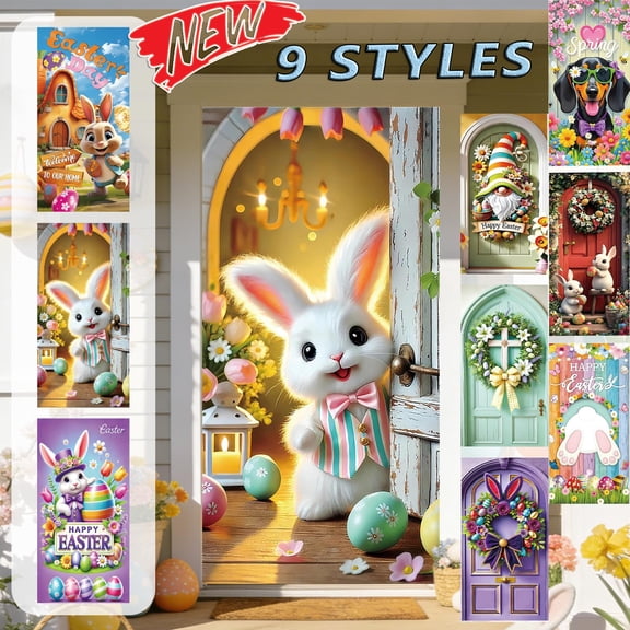 Tarmeek Easter Door Cover, 35x71 Inch Easter Bunny and Eggs Banner Easter Decor, Large Colorful Fabric Easter Door Banner for Door, Window, Home Decor, Photography Backdrops, Easter Decorations
