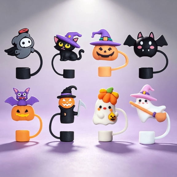 8PCS Halloween Straw Cover Cap , Silicone Straw Topper for Insulated flask Tumbler with Handle, 10mm 0.4in Dust-Proof Reusable Straw Tips Lids