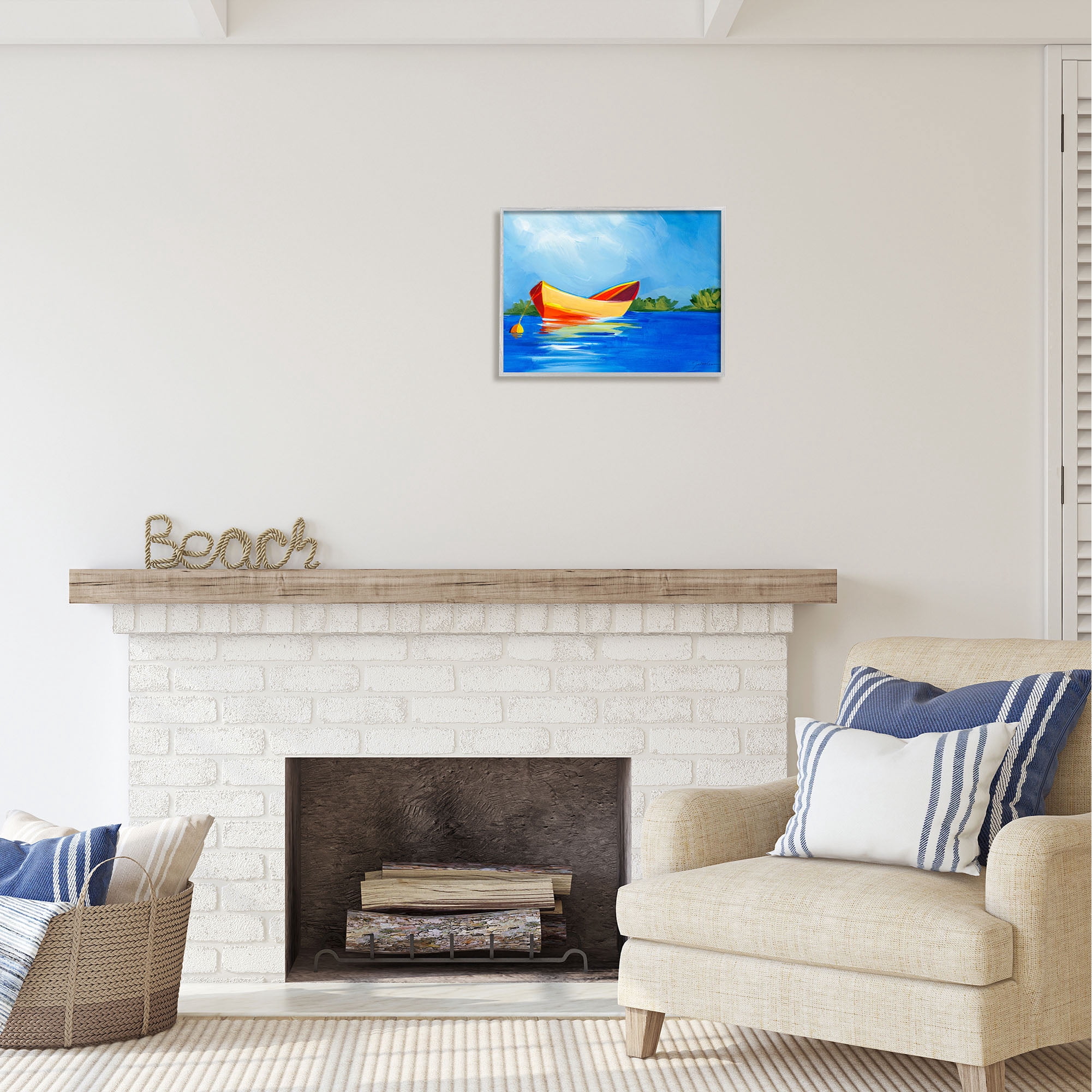 Stupell Industries Modern Boat on Lake Transportation Painting Gray Framed Art Print Wall Art, 20 x 16