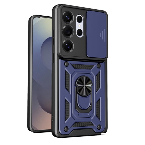 ELEHOLD for Samsung Galaxy S26 Ultra Rugged Case,Heavy Duty Ring Kickstand Magnetic Car Mount Shockproof Case Sliding Lens Cover , Blue