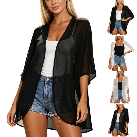 Feancey Beach Cover Ups for Women 3/4 Puff Sleeve Kimono Cardigans Swimwear Lightweight Open Front Swimsuit Cover Up Dressy Casual Summer Tops Black L