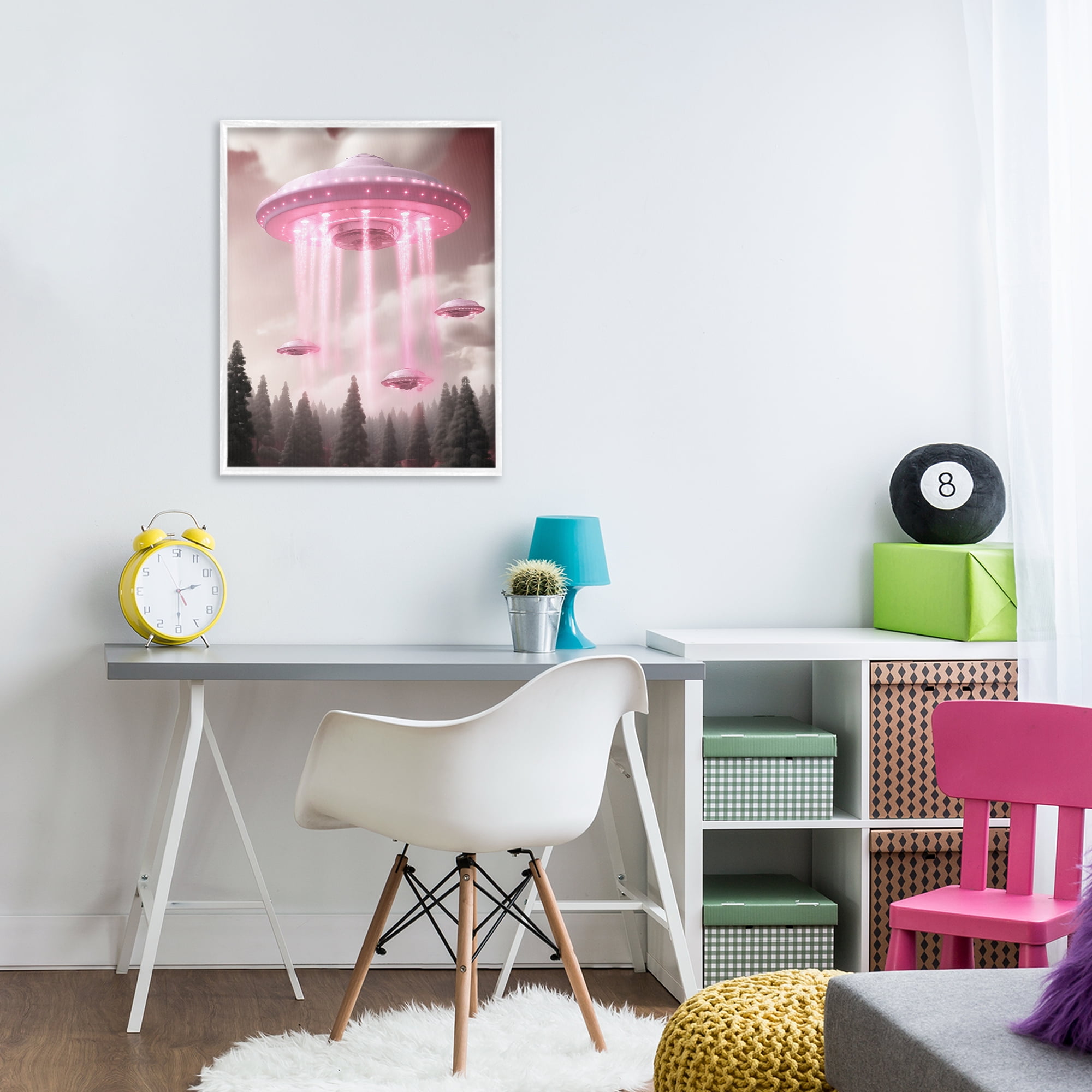 Glam UFO with Pink Beams White Framed Giclee Art, design by Sasha