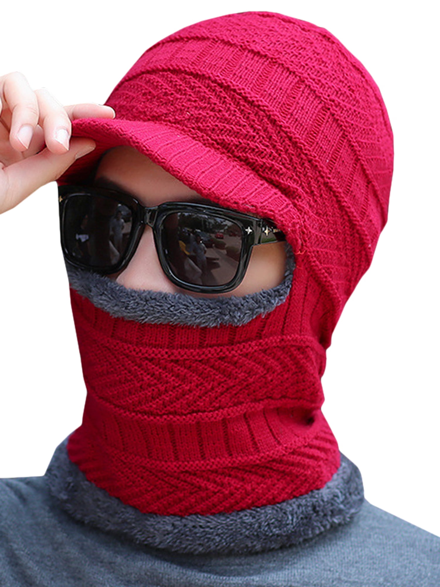 Men Women Winter Thermal Beanie Knit Fleece Hat Scarf Neck Warmer Peaked Ski Cap