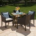 thumbnail image 2 of GDF Studio Baldwin Outdoor Acacia Wood and Wicker 5 Piece Dining Set with Cushions, Multibrown, Teak, and Beige, 2 of 12